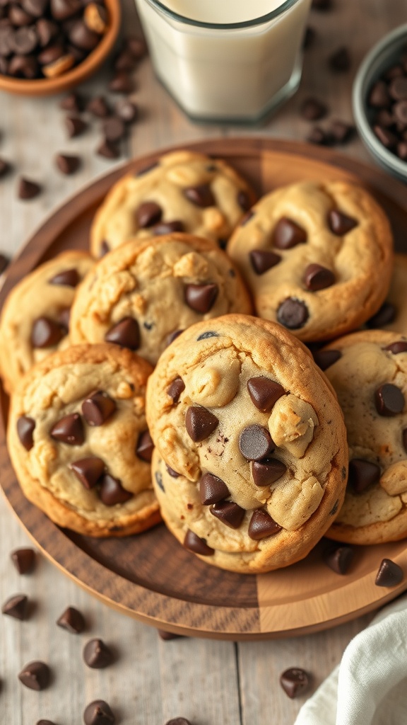 Classic Chocolate Chip Cookie Recipe A plate of golden-brown chocolate chip cookies with melted chocolate chips surrounded by a glass of milk.